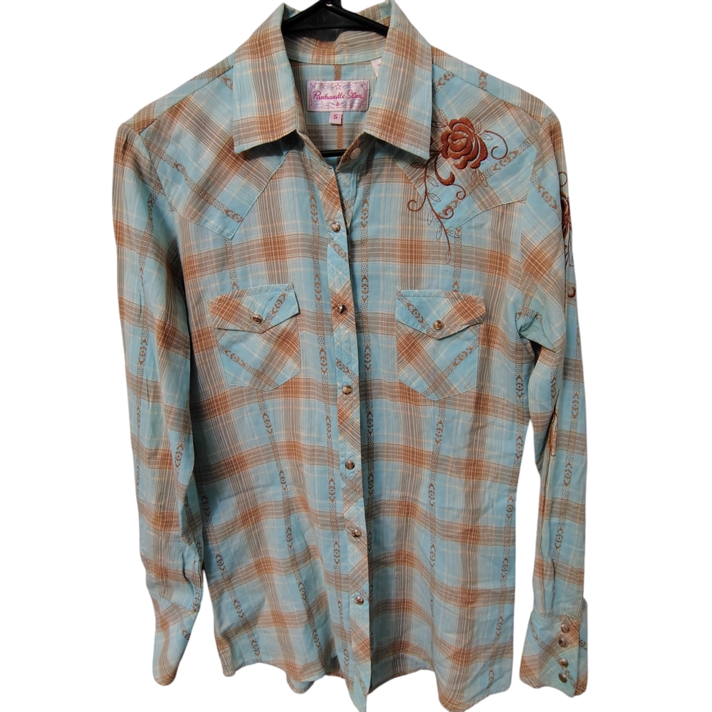 Panhandle Slim Women's Size Small Blue and Brown Shirt with Embroidered Rose